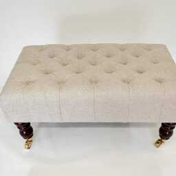 Large Chesterfield Footstool in Linen Coffee Table Plain Fabric Large Footstool. Chesterfield Ottoman Deep Button On Castor Legs - thumbnail 3