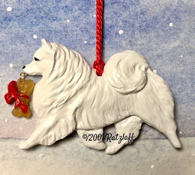 American Eskimo Dog Breed W/Bone Charm. Christmas/Holiday Sculpted Dog Ornament