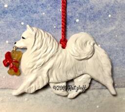 American Eskimo Dog Breed W/Bone Charm. Christmas/Holiday Sculpted Dog Ornament