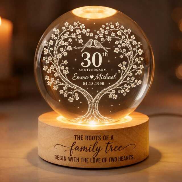 Personalized 30Th Anniversary Crystal Ball Night Light, Custom Wedding Gift For Parents, Pearl Keepsake, Couple Lamp - image 1