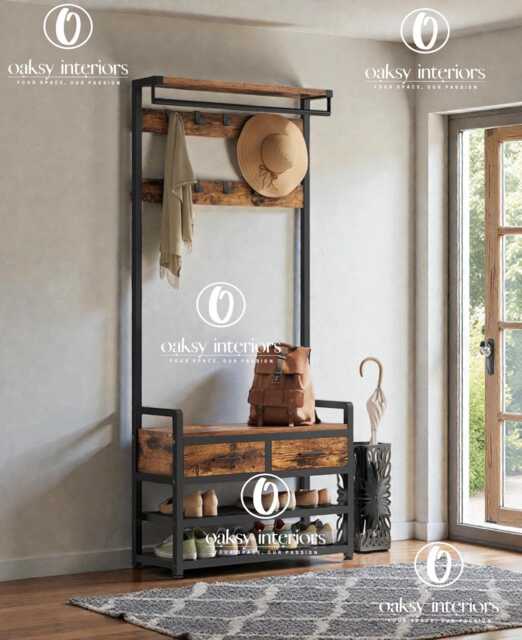 Hall Tree With Shoe Bench, Coat Rack Entryway Furniture, Storage Bench Hooks, Drawers & Rack, Industrial Hallway Organizer - image 1