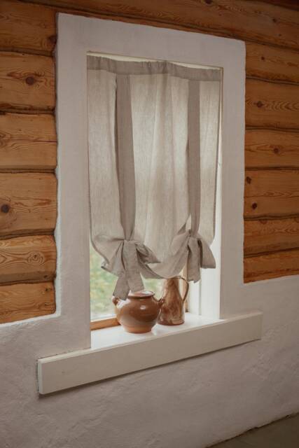 Stonewashed Linen Or Cotton Tie-Up Curtain Farmhouse Style, Organic Fabric Kitchen Blinds - image 1