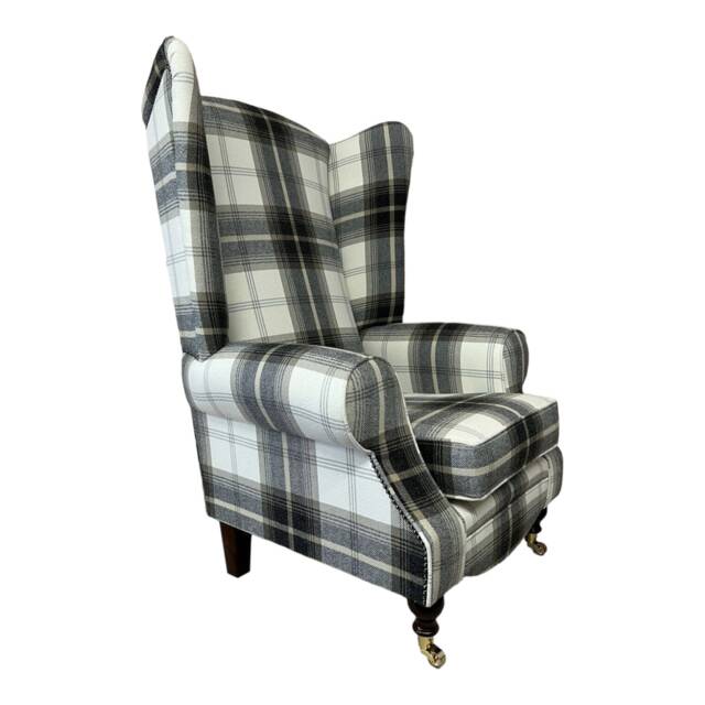 Queen Anne Wingback Fireside Chair Extra Tall Charcoal Tartan - image 1