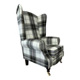 Queen Anne Wingback Fireside Chair Extra Tall Charcoal Tartan