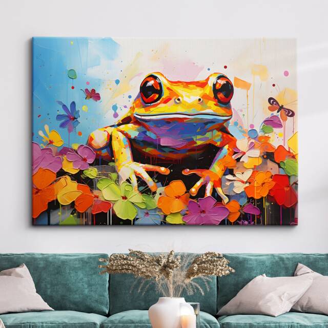 Fun & Unique Frog Abstract Modern Oil Painting Wall Art Animal Framed Canvas Poster Print, Home Kitchen Office Room Decor Pet Gift Idea - image 1