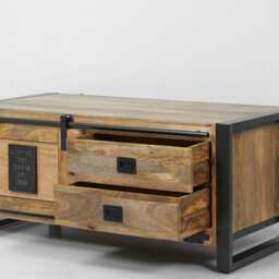 Industrial Coffee Table Sliding Door Cast Iron Wood Steel - thumbnail 3