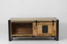 Industrial Coffee Table Sliding Door Cast Iron Wood Steel - thumbnail 1
