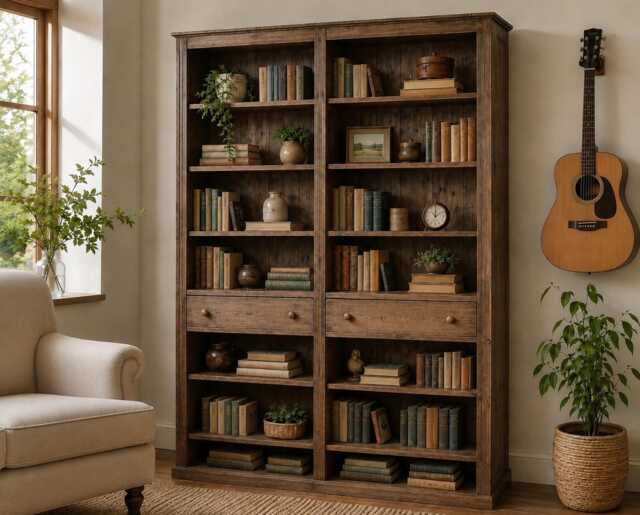Solid Pine 6Ft 8In Bookcase, Handcrafted Adjustable Library Shelving Unit, Two Bay Bookshelves - image 1