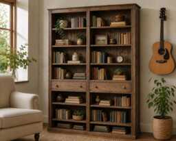 Solid Pine 6Ft 8In Bookcase, Handcrafted Adjustable Library Shelving Unit, Two Bay Bookshelves