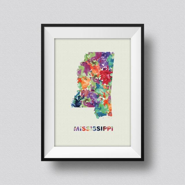 Mississippi Map Usa Watercolor Art Print Ink Splash Poster Canvas
