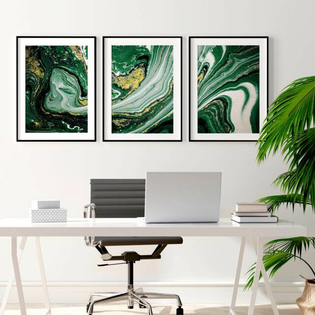 Sage Green Office Desk Decor & Women Set X 3 Framed Wall Art Prints, Maximalist Abstract Marble For A Lawyer Calming - image 1