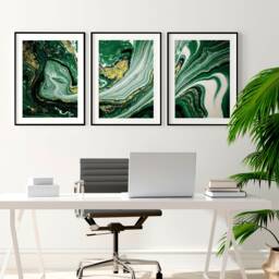 Sage Green Office Desk Decor & Women Set X 3 Framed Wall Art Prints, Maximalist Abstract Marble For A Lawyer Calming