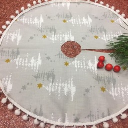 Handmade Cotton Burlap Christmas Tree Skirt Pom Scandinavian Design - thumbnail 2