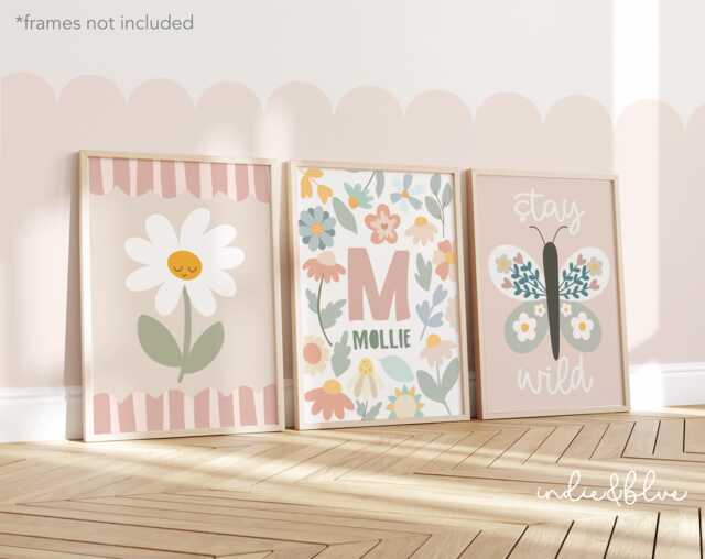 Set Of 3 Personalised Wildflower Prints in Pastel, Flower Name Print, Butterfly Floral Wall Art, Girl Bedroom, Daisy Art - image 1