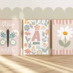 Set Of 3 Personalised Wildflower Prints in Pastel, Flower Name Print, Butterfly Floral Wall Art, Girl Bedroom, Daisy Art - thumbnail 3