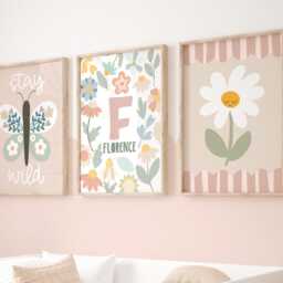 Set Of 3 Personalised Wildflower Prints in Pastel, Flower Name Print, Butterfly Floral Wall Art, Girl Bedroom, Daisy Art - thumbnail 2