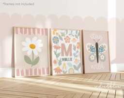 Set Of 3 Personalised Wildflower Prints in Pastel, Flower Name Print, Butterfly Floral Wall Art, Girl Bedroom, Daisy Art - thumbnail 1