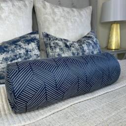 "Navy Geometric Bed Cushion, Accent Modern Decorative Pillow Sofa Navy Blue Pillow, Luxury Bolster 16""x6"