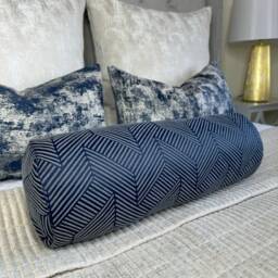 "Navy Geometric Bed Cushion, Accent Modern Decorative Pillow Sofa Navy Blue Pillow, Luxury Bolster 16""x6" - thumbnail 4