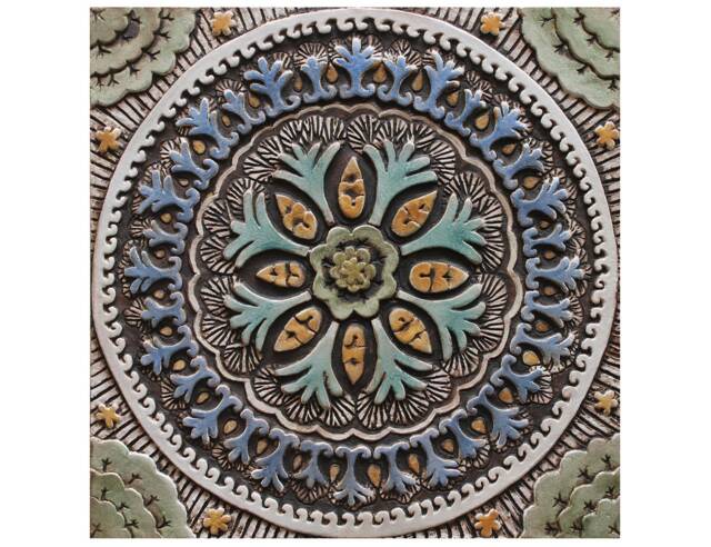Handmade Ceramic Floral Wall Art, Suzani Tile, Matt Blue - 30cm/11.8 - image 1