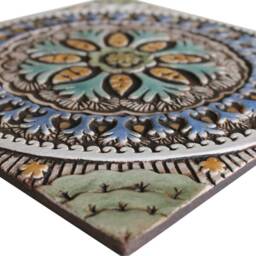 Handmade Ceramic Floral Wall Art, Suzani Tile, Matt Blue - 30cm/11.8 - thumbnail 3