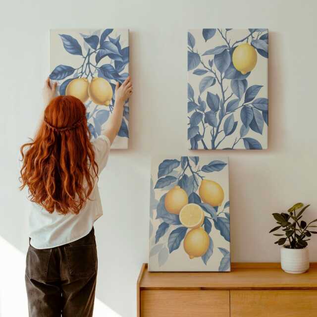 Canvas Art Set Of 3 - Lemons On Branches With Blue Leaves, Picture Print, Plants & Flowers Wall Decor - image 1