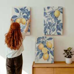Canvas Art Set Of 3 - Lemons On Branches With Blue Leaves, Picture Print, Plants & Flowers Wall Decor - thumbnail 1