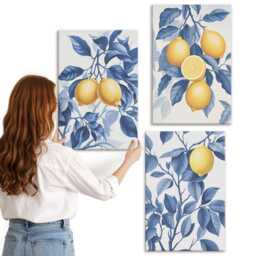Canvas Art Set Of 3 - Lemons On Branches With Blue Leaves, Picture Print, Plants & Flowers Wall Decor - thumbnail 3