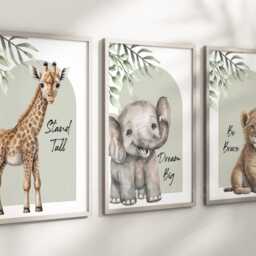 Safari Elephant Giraffe Lion Animal Prints Baby Nursery Set Of Unframed - 4 Colours - thumbnail 2