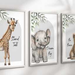 Safari Elephant Giraffe Lion Animal Prints Baby Nursery Set Of Unframed - 4 Colours - thumbnail 3