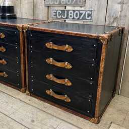 Handmade English Leather Nightstand Eight Drawer Hardwood Storage Organiser - Pair - thumbnail 2