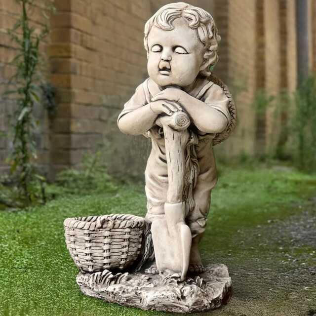 Outdoor Child Statue Concrete Boy With Shovel Figure Stone Children Basket Sculpture Farm Decoration Garden Ornament Memorial - image 1
