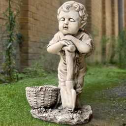 Outdoor Child Statue Concrete Boy With Shovel Figure Stone Children Basket Sculpture Farm Decoration Garden Ornament Memorial