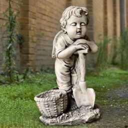 Outdoor Child Statue Concrete Boy With Shovel Figure Stone Children Basket Sculpture Farm Decoration Garden Ornament Memorial - thumbnail 2