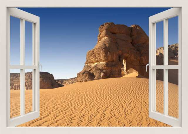 Desert View Wall Decal, Rock in A Sandy 3D Window Nature Sticker Mural, Home Decor