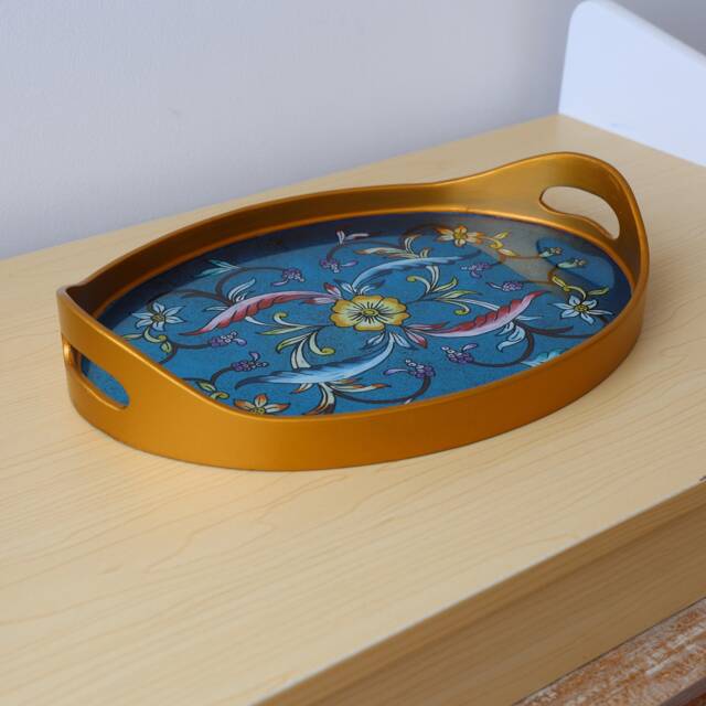 Blue Flowered Azafate - Home Decoration Fountain Tray Peruvian Crafts - image 1