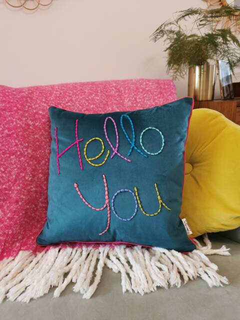 Hello You Embroidered Velvet Cushion - image 1