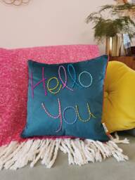 Hello You Embroidered Velvet Cushion - thumbnail 1