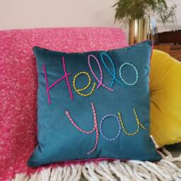 Hello You Embroidered Velvet Cushion - thumbnail 3