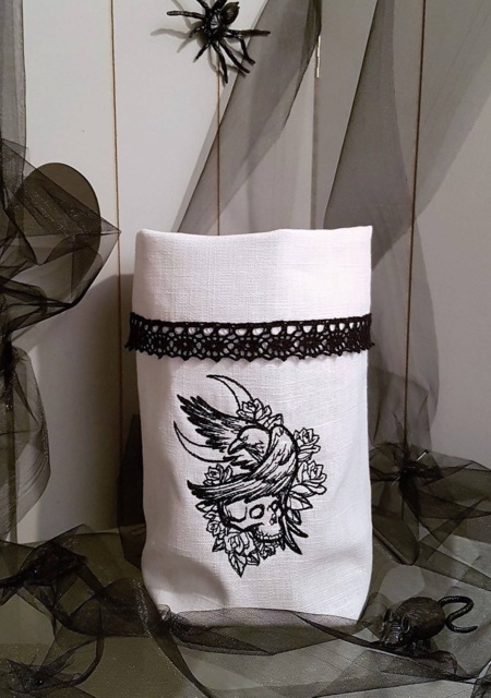 Utensilo Light Bag Vase Cover Raven Skull Embroidered Linen Lace Halloween - image 1