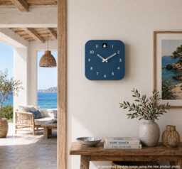 Minimalist Cuckoo Clock, Fresco Blue Wall Clock With White Details, Modern Decor