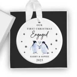Personalised 2026 First Christmas Engaged Bauble, Custom 1st Xmas Ornament, Keepsake, Couple Gift/Present, Penguin - thumbnail 3