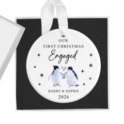 Personalised 2026 First Christmas Engaged Bauble, Custom 1st Xmas Ornament, Keepsake, Couple Gift/Present, Penguin - thumbnail 1