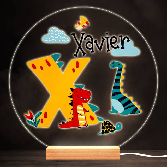 Dinosaur Alphabet Letter X Colourful Round Personalised Gift Lamp Night Light - Bedroom - image 1