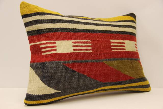 Vintage Wool Kilim Lumbar Pillow Cover, Boho Throw - 14x20 In - image 1