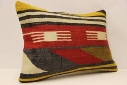 Vintage Wool Kilim Lumbar Pillow Cover, Boho Throw - 14x20 In - thumbnail 1