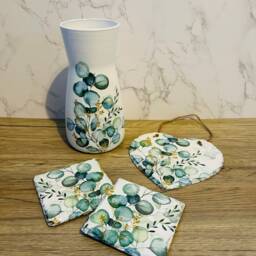 Beautiful Home Gift Set With Eucalyptus Leaves, Themed Vase & Coaster Set, Decorations, Nature Inspired - thumbnail 2