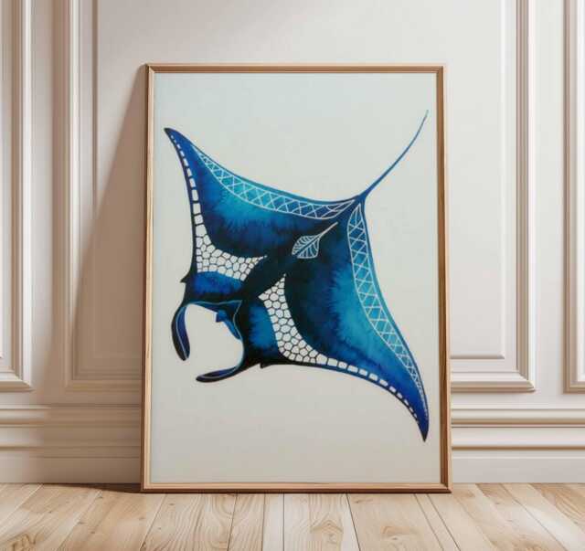 Blue Manta Ray Poster Ocean Wall Art Marine Life Print Coastal Decor Beach House Artwork Tropical Sea Animal Illustration - image 1