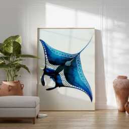 Blue Manta Ray Poster Ocean Wall Art Marine Life Print Coastal Decor Beach House Artwork Tropical Sea Animal Illustration - thumbnail 3