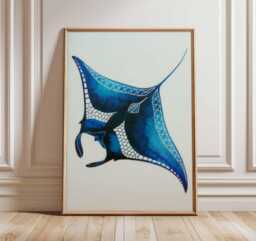 Blue Manta Ray Poster Ocean Wall Art Marine Life Print Coastal Decor Beach House Artwork Tropical Sea Animal Illustration - thumbnail 1